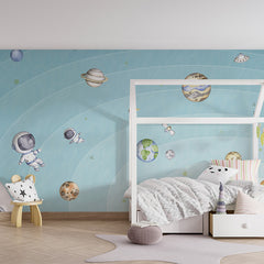Space Joy – Light wallpaper mural shown in a children's bedroom house bed