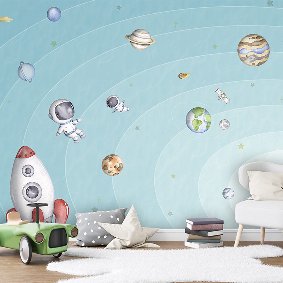 Space Joy – Light wallpaper mural shown in a children's bedroom toy car