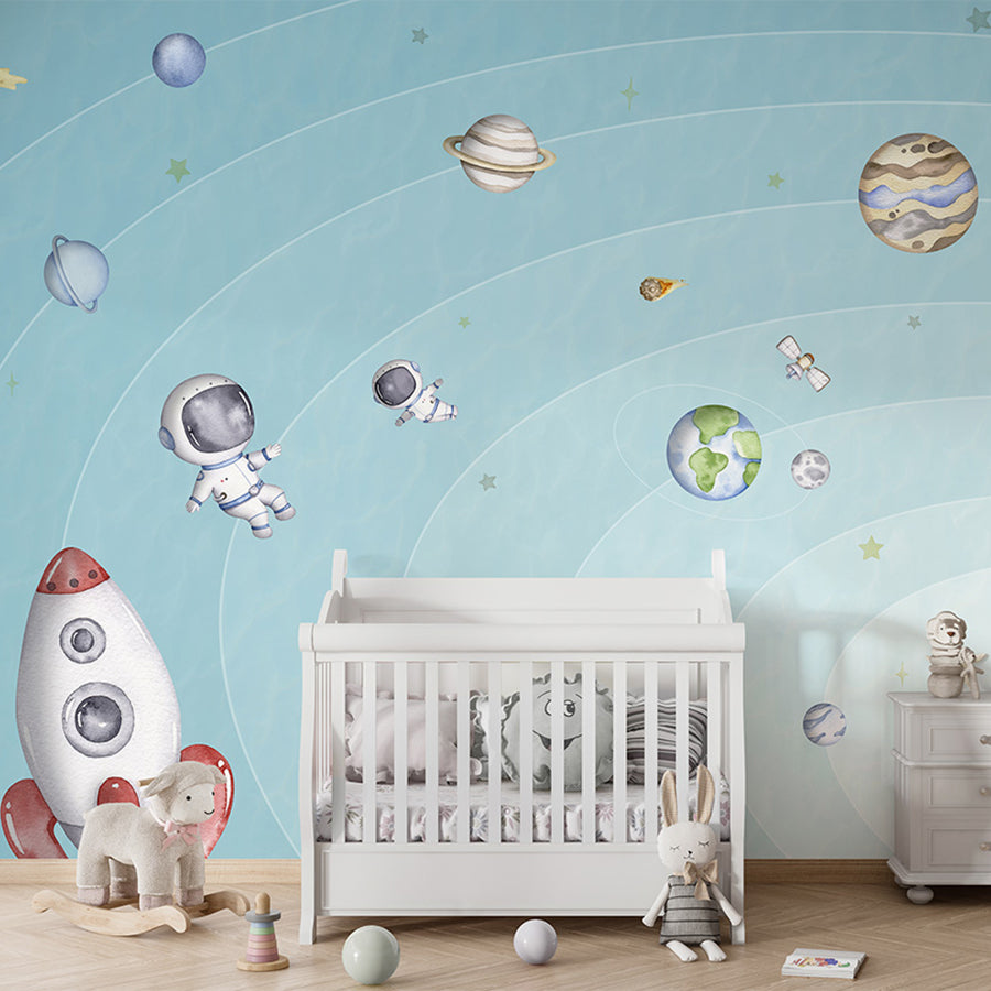 Space Joy – Light wallpaper mural shown in a children's nursery crib