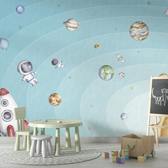 Space Joy – Light wallpaper mural shown in a children's playroom chalkboard