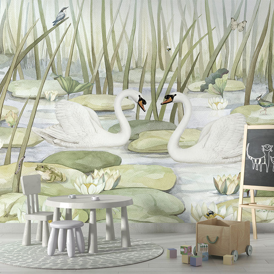 Spectacular Swans wallpaper mural in a children’s playroom school board