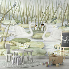 Spectacular Swans wallpaper mural in a children’s playroom school board