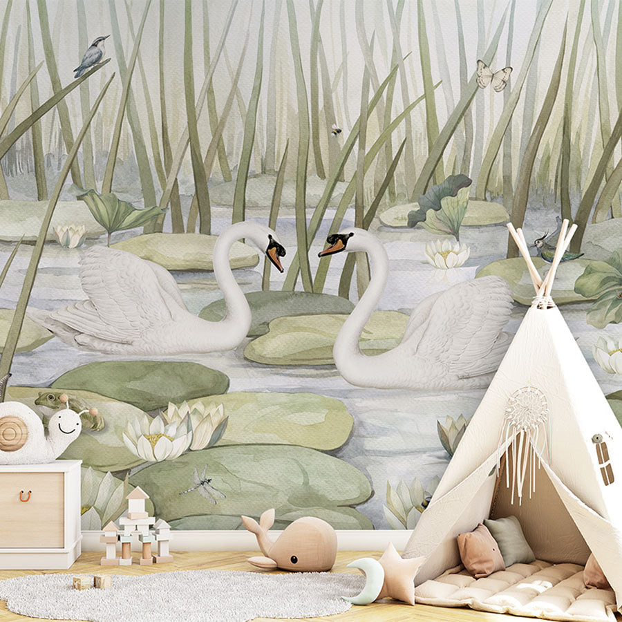 Spectacular Swans wallpaper mural in a children’s playroom tipi