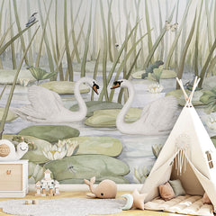 Spectacular Swans wallpaper mural in a children’s playroom tipi