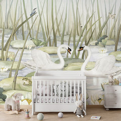 Spectacular Swans wallpaper mural in a nursery cot