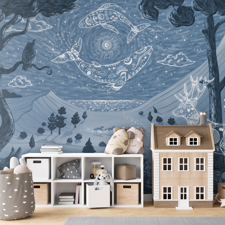 Spirit Night – Blue wallpaper mural shown in a children's bedroom house bed