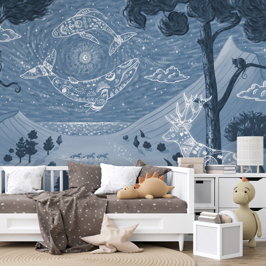 Spirit Night – Blue wallpaper mural shown in a children's bedroom sofa