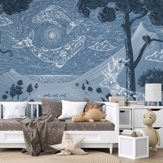 Spirit Night – Blue wallpaper mural shown in a children's bedroom sofa