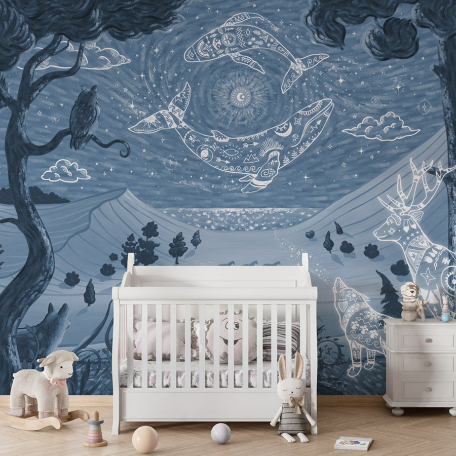 Spirit Night – Blue wallpaper mural shown in a children's nursery crib