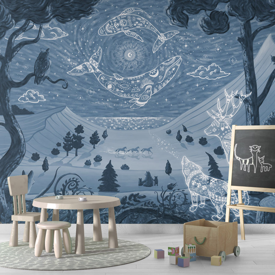 Spirit Night – Blue wallpaper mural shown in a children's playroom chalkboard