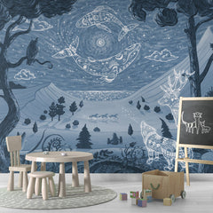 Spirit Night – Blue wallpaper mural shown in a children's playroom chalkboard