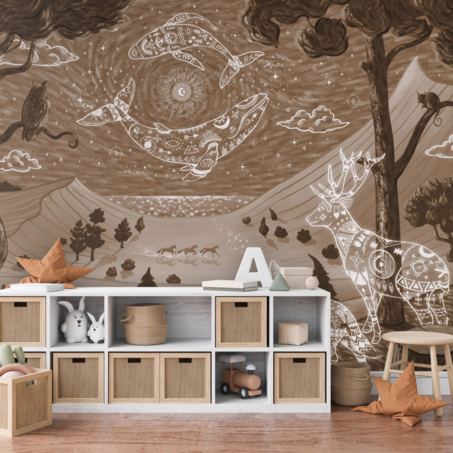 Spirit Night – Brown wallpaper mural shown in a children's bedroom dresser