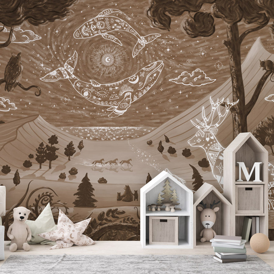 Spirit Night – Brown wallpaper mural shown in a children's bedroom house shelves