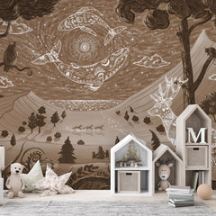 Spirit Night – Brown wallpaper mural shown in a children's bedroom house shelves