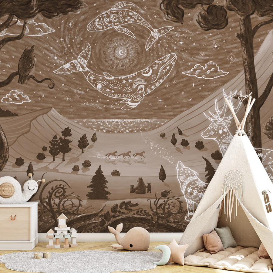 Spirit Night – Brown wallpaper mural shown in a children's bedroom teepee