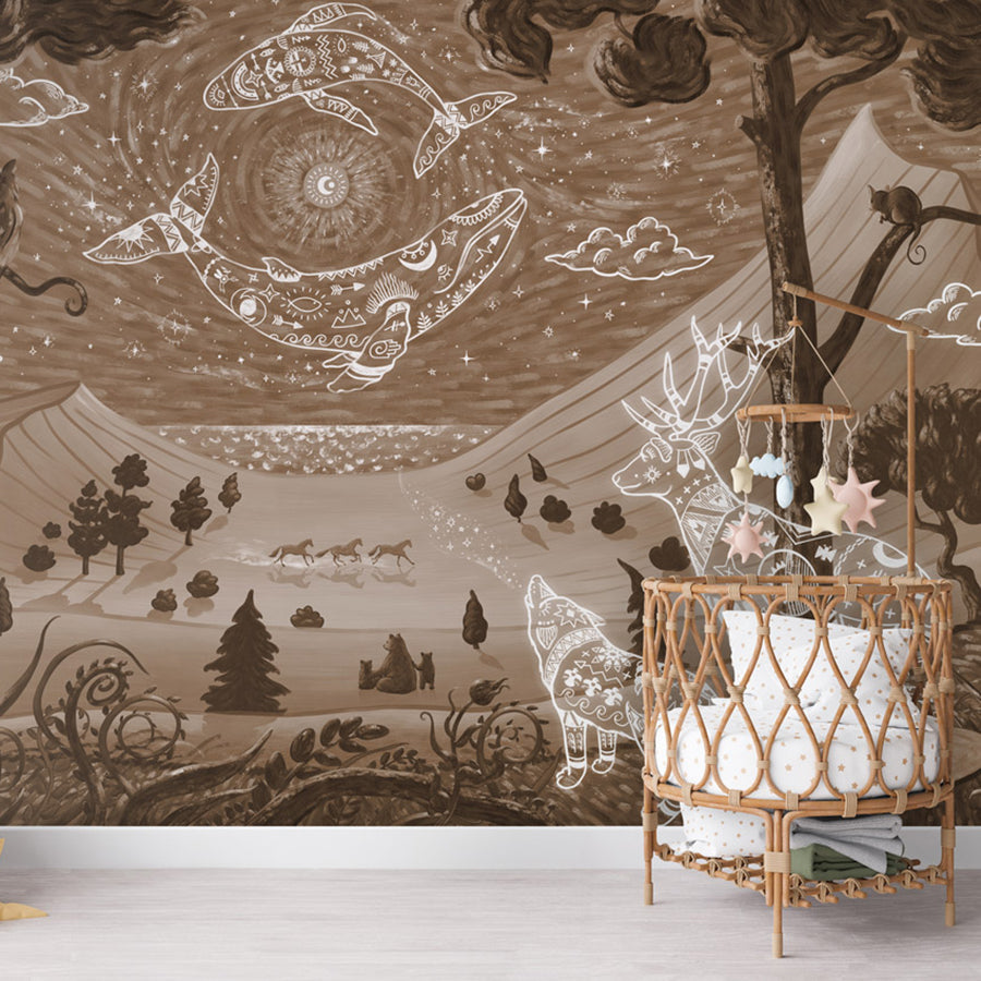Spirit Night – Brown wallpaper mural shown in a children's nursery crib