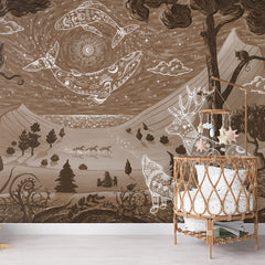 Spirit Night – Brown wallpaper mural shown in a children's nursery crib