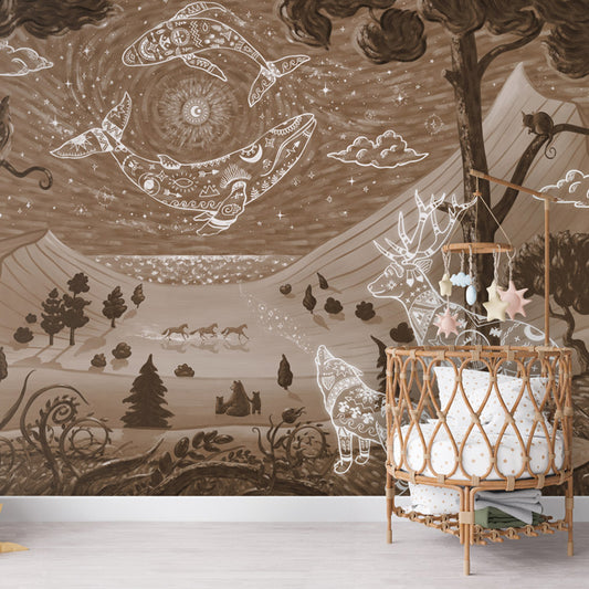 Spirit Night – Brown wallpaper mural shown in a children's nursery crib