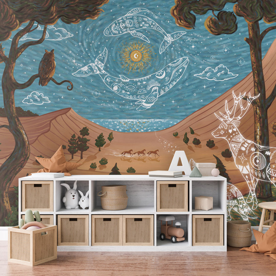 Spirit Night wallpaper mural shown in a children's bedroom dresser