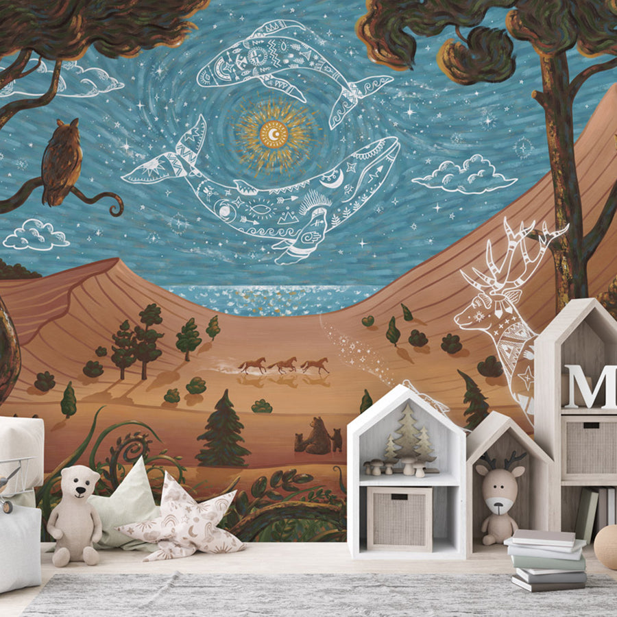 Spirit Night wallpaper mural shown in a children's bedroom house shelves