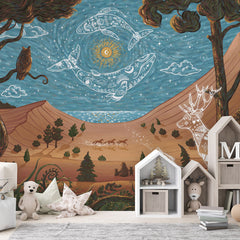 Spirit Night wallpaper mural shown in a children's bedroom house shelves