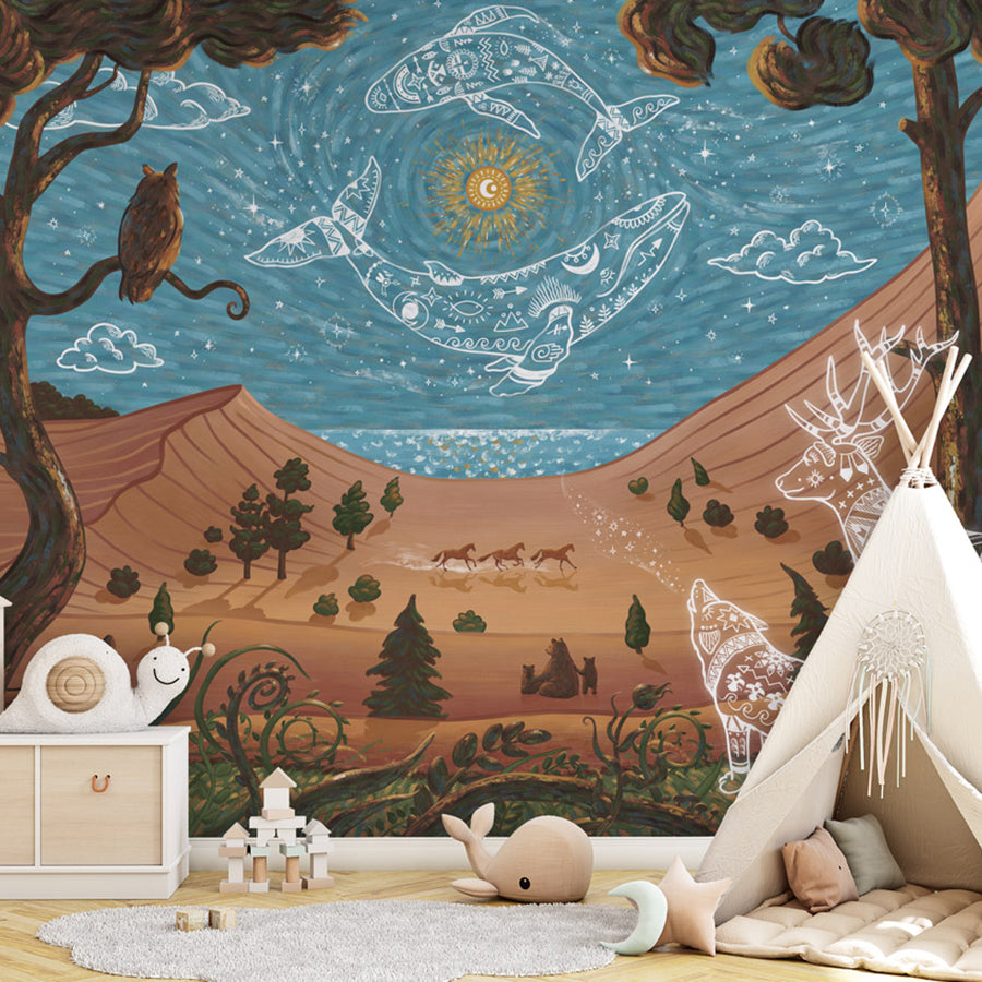 Spirit Night wallpaper mural shown in a children's bedroom teepee