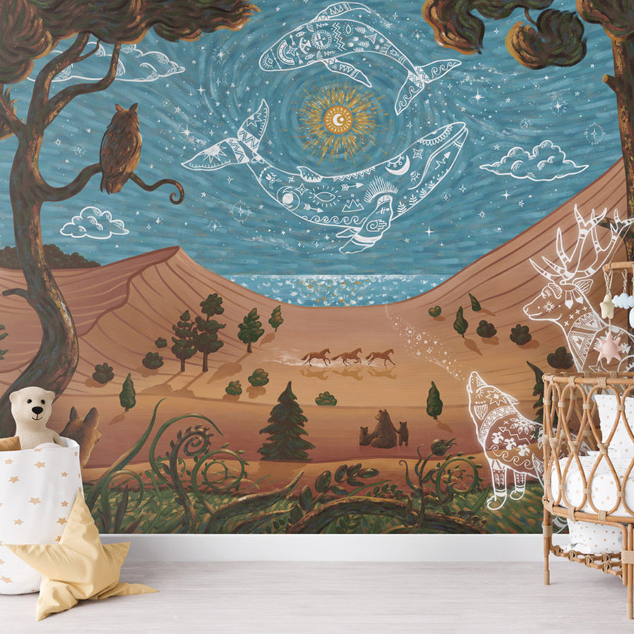 Spirit Night wallpaper mural shown in a children's nursery crib