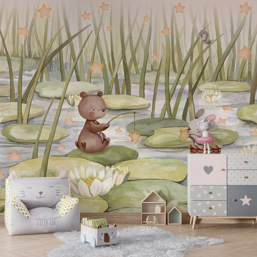 Starry Pond wallpaper mural shown in a children's bedroom armchair