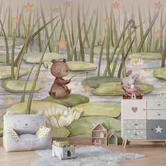 Starry Pond wallpaper mural shown in a children's bedroom armchair