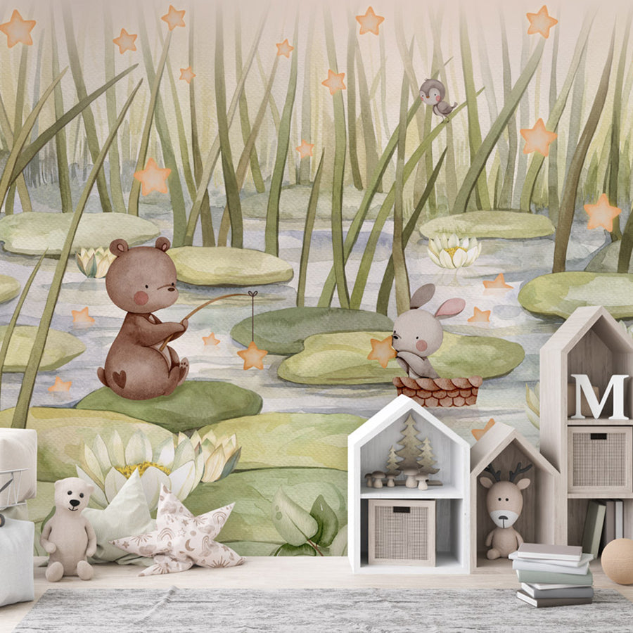 Starry Pond wallpaper mural shown in a children's bedroom house shelves