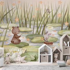 Starry Pond wallpaper mural shown in a children's bedroom house shelves