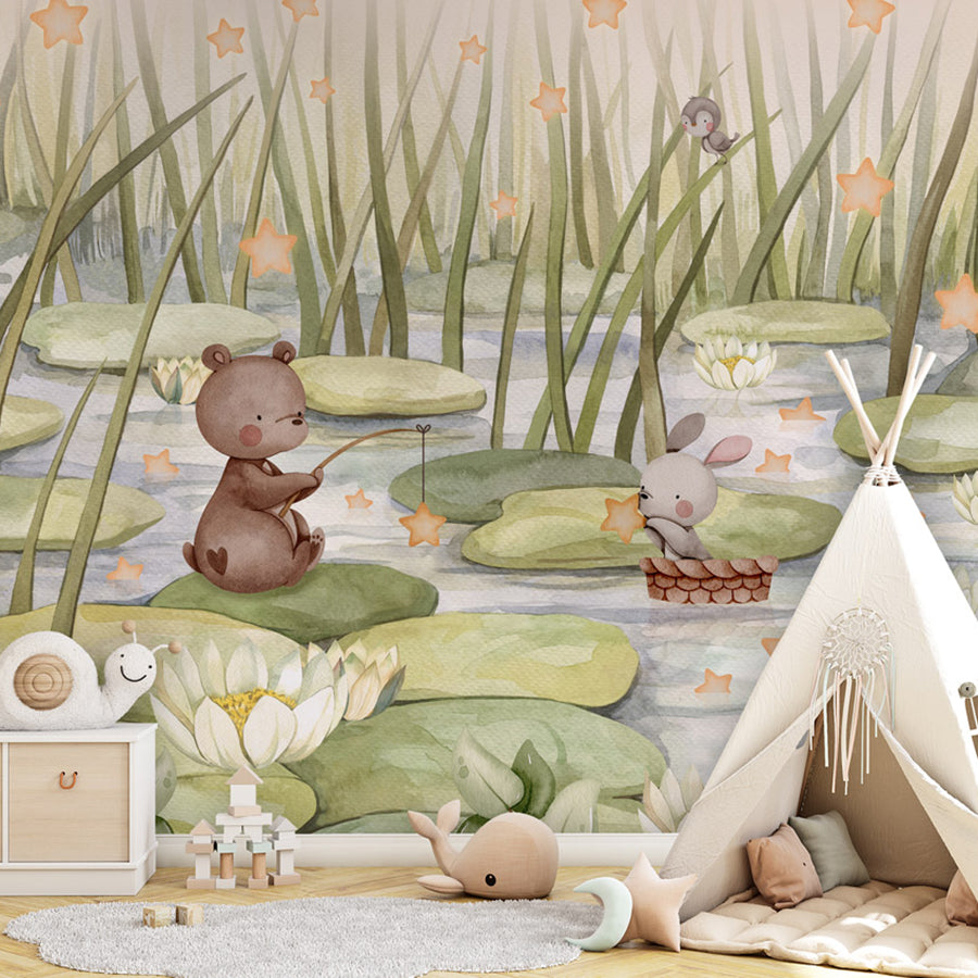 Starry Pond wallpaper mural shown in a children's bedroom teepee