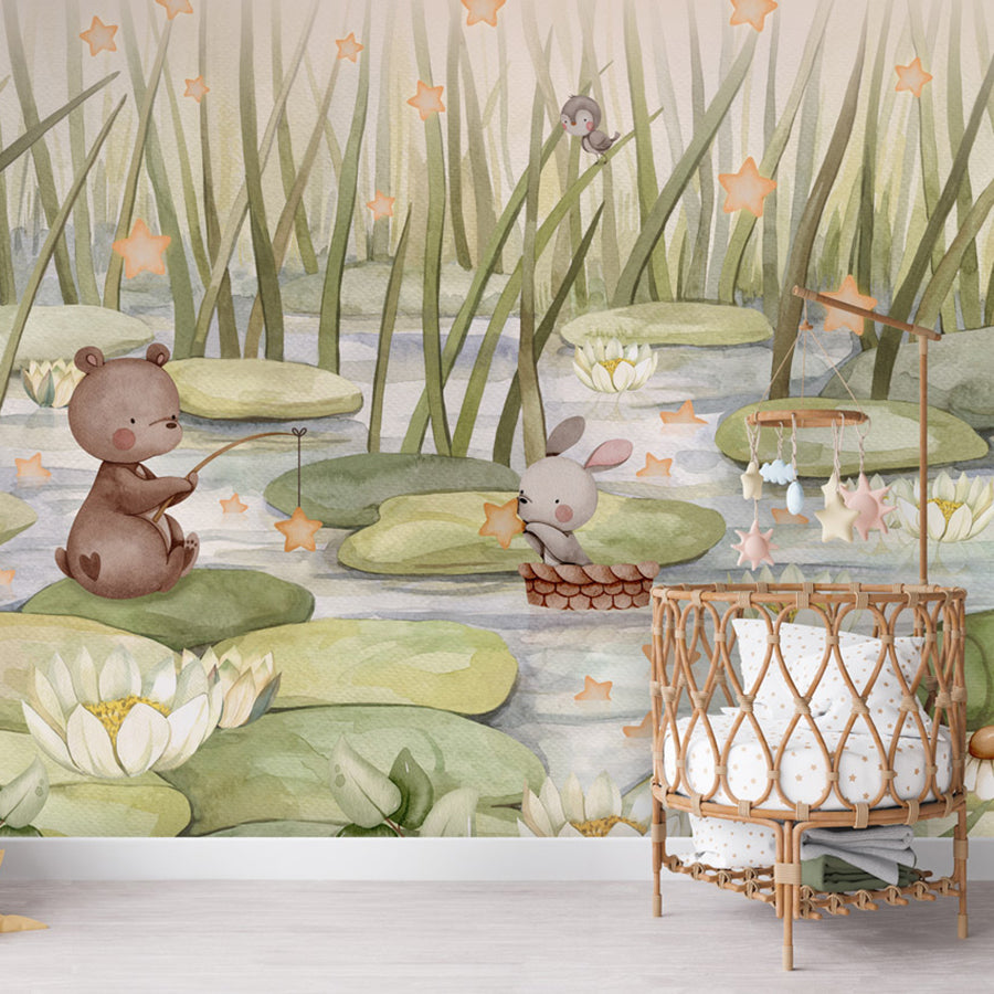 Starry Pond wallpaper mural shown in a children's nursery crib