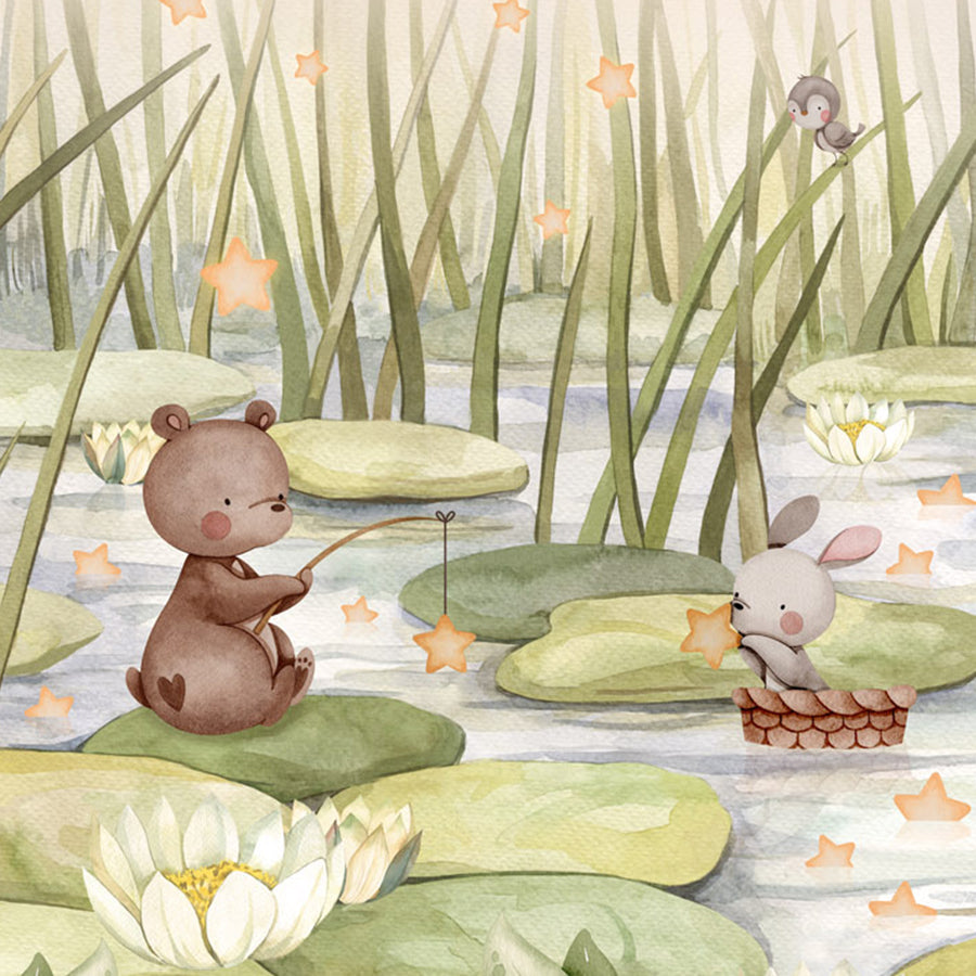 Close-up of the Starry Pond wallpaper mural by Oliver Robins