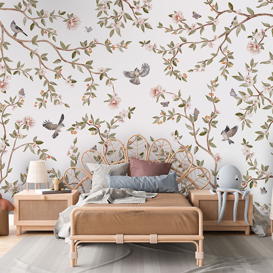 Summer Roses wallpaper mural in a children’s bedroom rattan bed
