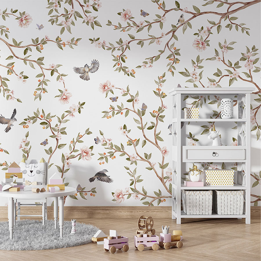 Summer Roses wallpaper mural in a children’s playroom table