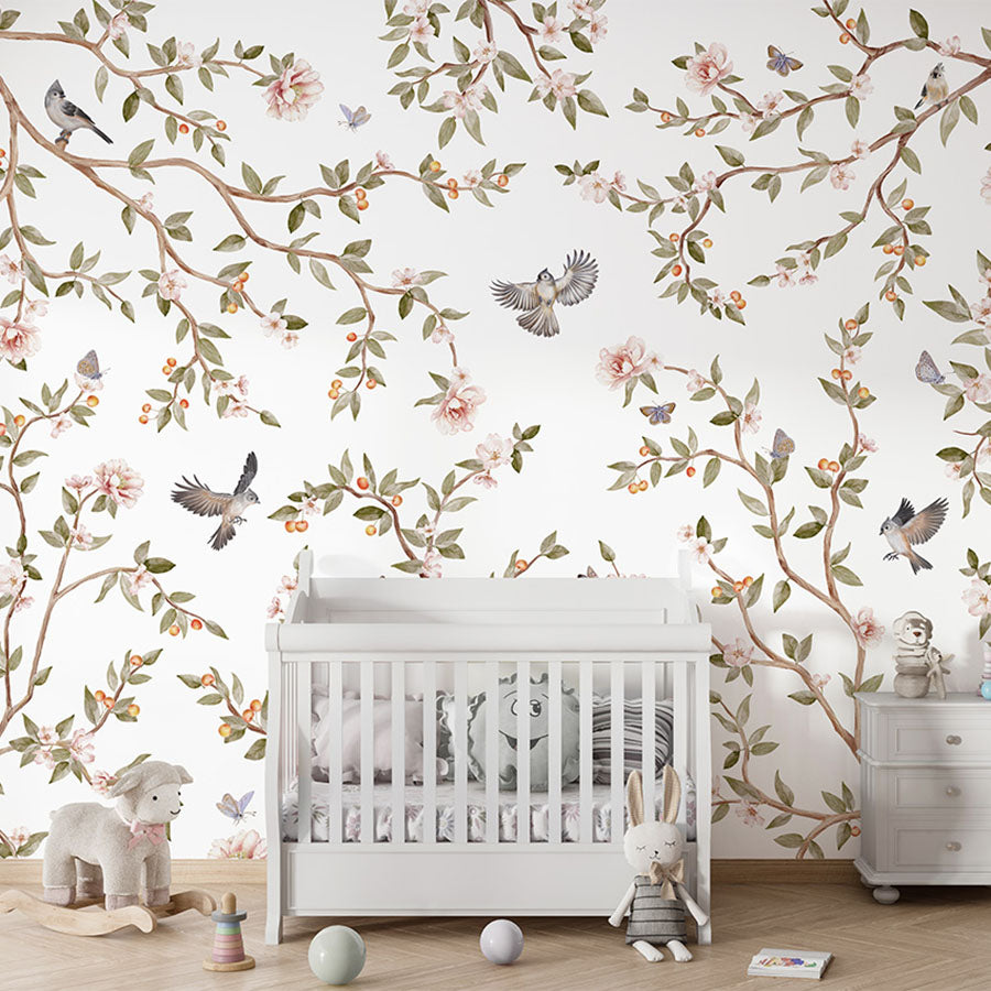 Summer Roses wallpaper mural in a nursery cot