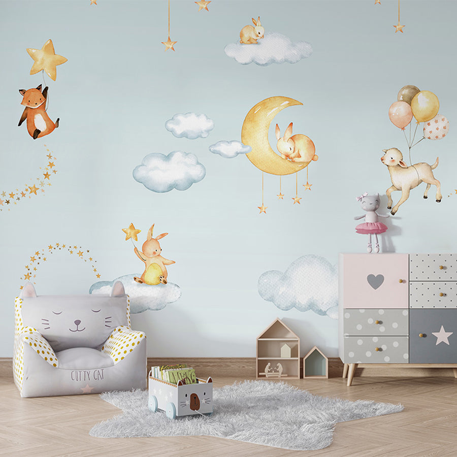 Sweet Dreams – Blue wallpaper mural shown in a children's bedroom armchair
