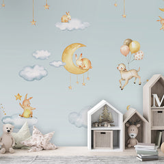 Sweet Dreams – Blue wallpaper mural shown in a children's bedroom house shelves