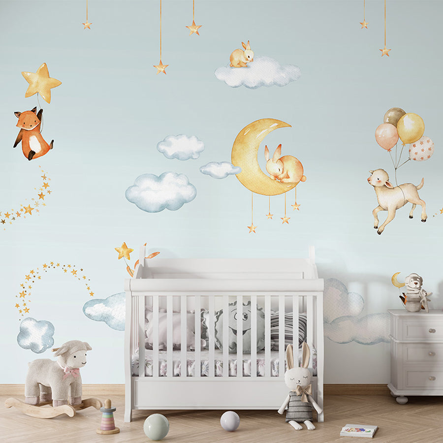 Sweet Dreams – Blue wallpaper mural shown in a children's nursery crib