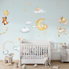 Sweet Dreams – Blue wallpaper mural shown in a children's nursery crib