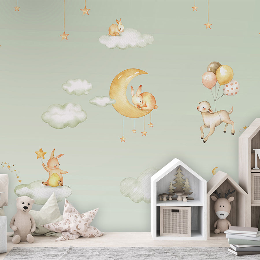 Sweet Dreams – Green wallpaper mural shown in a children's bedroom house shelves