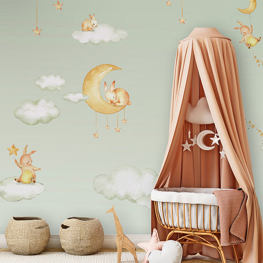 Sweet Dreams – Green wallpaper mural shown in a children's nursery canopy crib