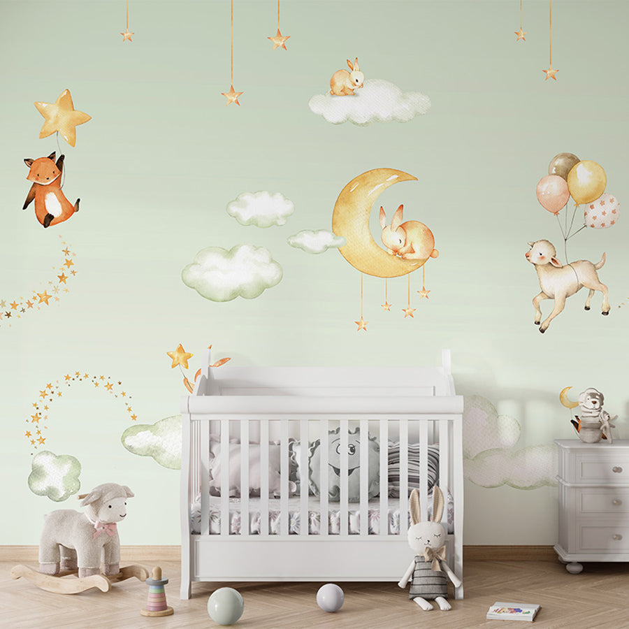 Sweet Dreams – Green wallpaper mural shown in a children's nursery crib