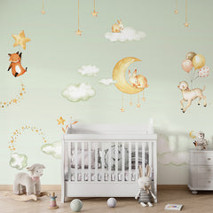 Sweet Dreams – Green wallpaper mural shown in a children's nursery crib
