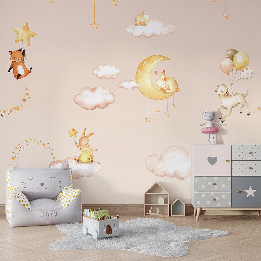 Sweet Dreams – Pink wallpaper mural shown in a children's bedroom armchair