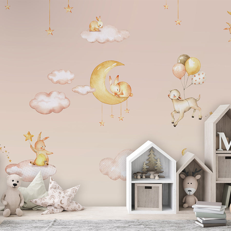 Sweet Dreams – Pink wallpaper mural shown in a children's bedroom house shelves