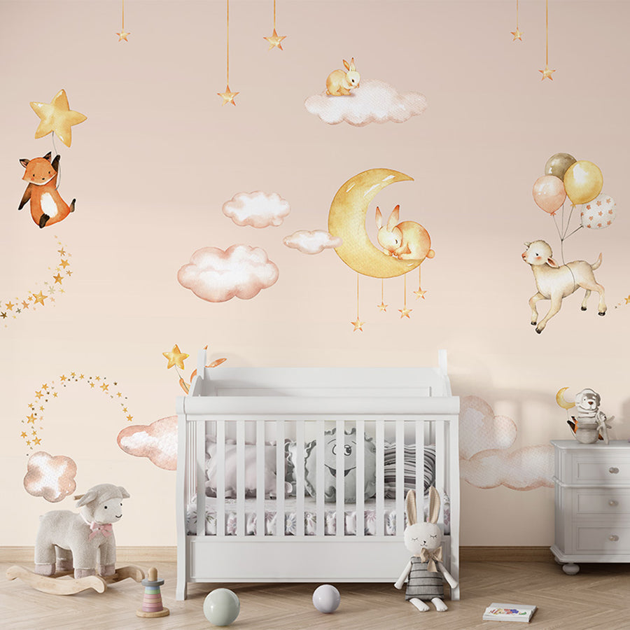 Sweet Dreams – Pink wallpaper mural shown in a children's nursery crib