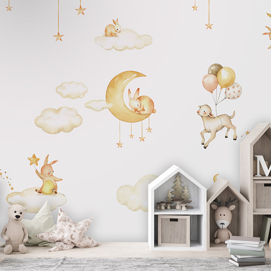 Sweet Dreams – White wallpaper mural shown in a children's bedroom house shelves
