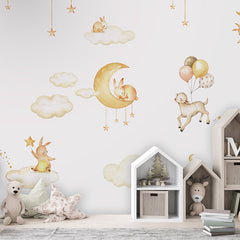 Sweet Dreams – White wallpaper mural shown in a children's bedroom house shelves